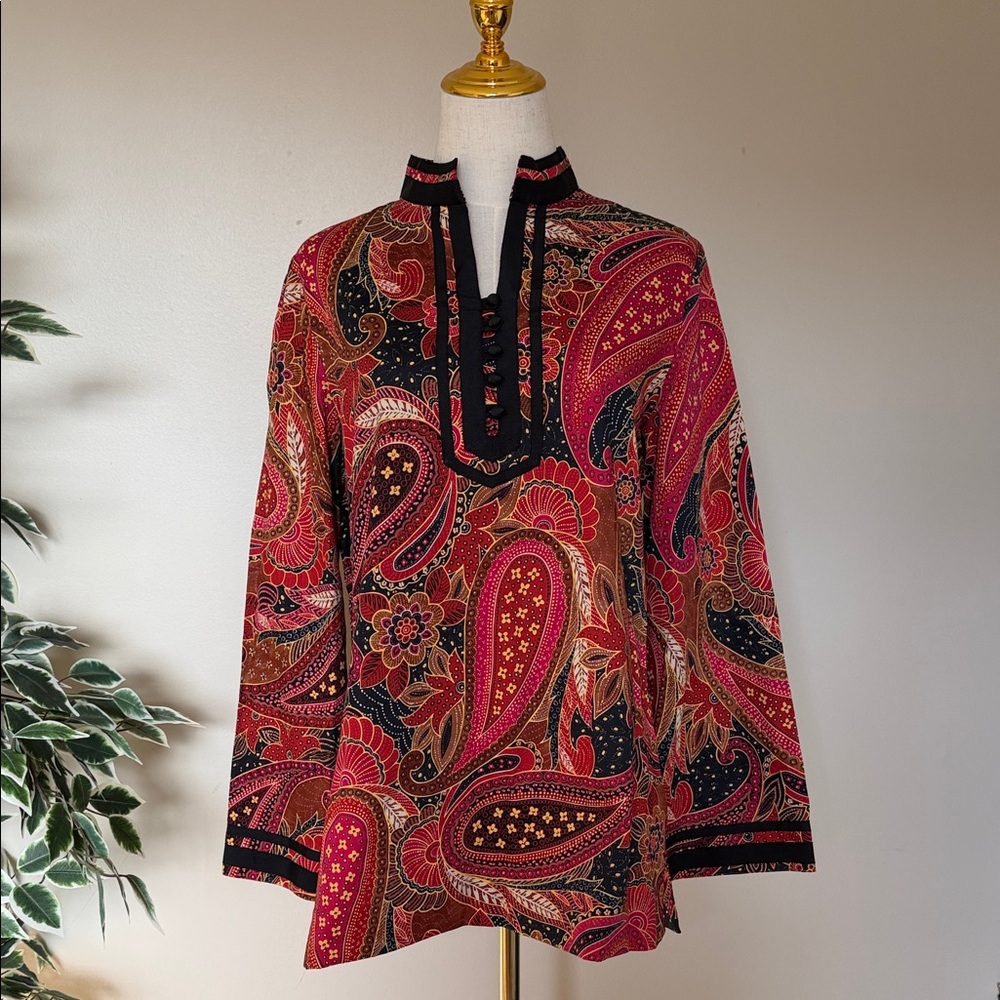 Jones New York Signature Women’s Red Paisley Tunic Blouse Boho Retro Medium